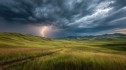 Stormy landscape, dramatic lightning over grassy hills