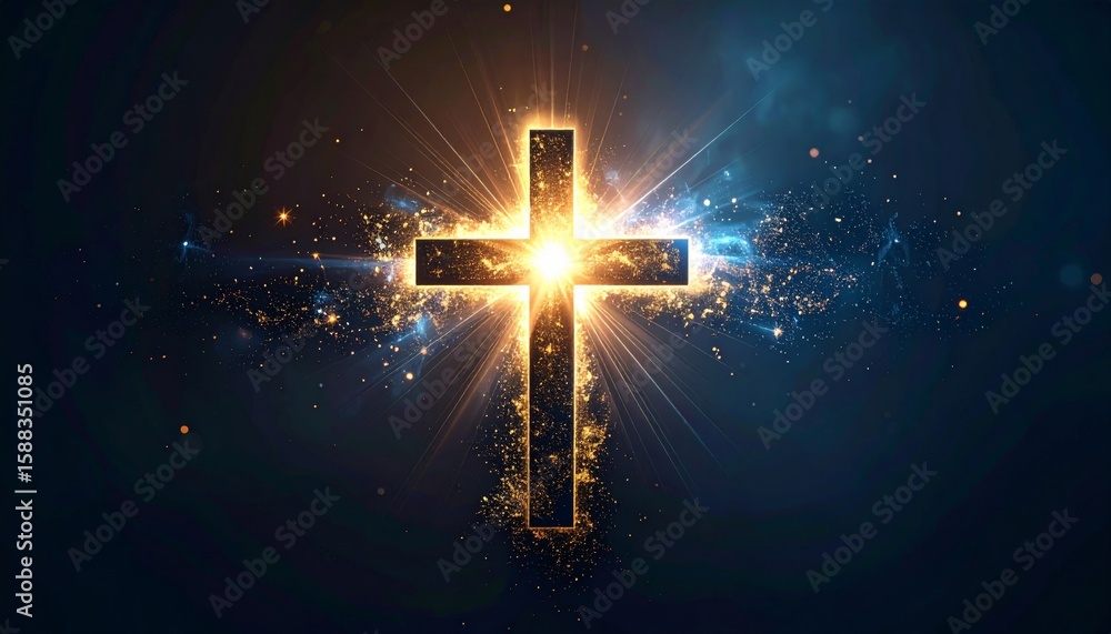 Poster digital abstract cross with fractal light burst on dark background
