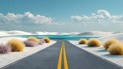 A road leading to a lake surrounded by white dunes under a partly cloudy blue sky in a desert scene