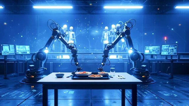 Robotic arms preparing food in a futuristic kitchen setting with digital screens and robots in background