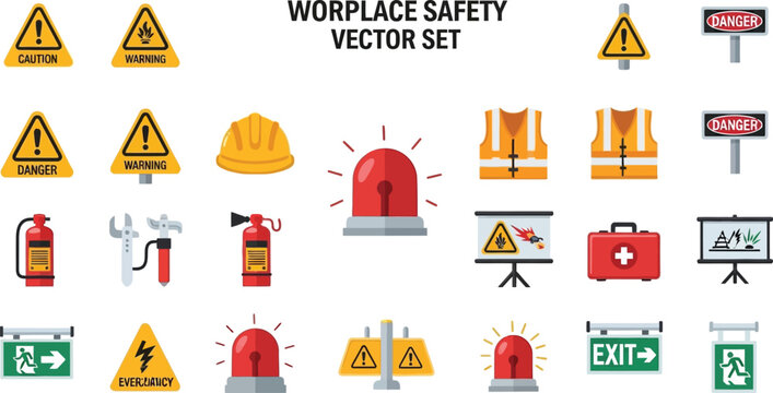 Collection of flat design icons representing workplace safety equipment and warnings.