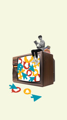 Vintage collage of boy reading on top of TV with scattered media icons. Concept of education,...