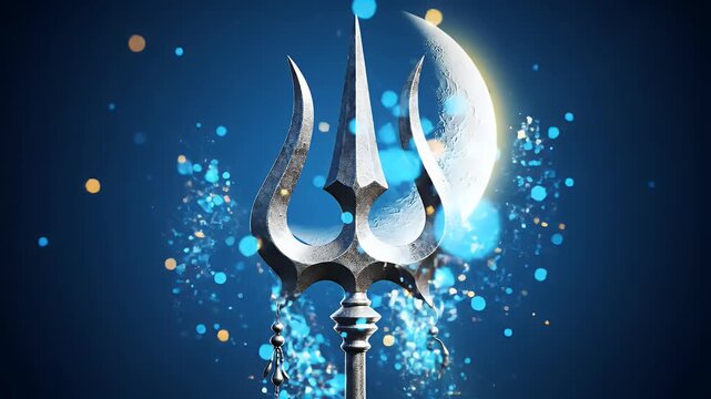 Divine animation of Lord Shiva&rsquo;s Trishul (trident) standing upright with a glowing crescent moon above it, vibrant blue and golden particles floating gently