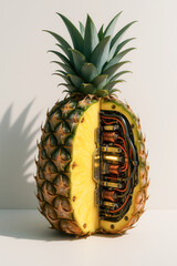 Half pineapple revealing complex mechanical interior, blending organic fruit with futuristic cybernetic tech