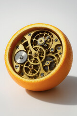 Orange with mechanical gears inside, merging organic fruit with intricate clockwork machinery for surreal concept
