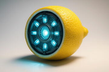 Yellow lemon cut to reveal a glowing blue high-tech core, blending nature and futuristic technology