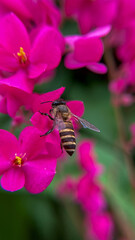 Honey bee against the background of bright pink flowers of coral liana. Aesthetics of nature, ecology, floral background - can be used as an illustration, background for packaging or print.