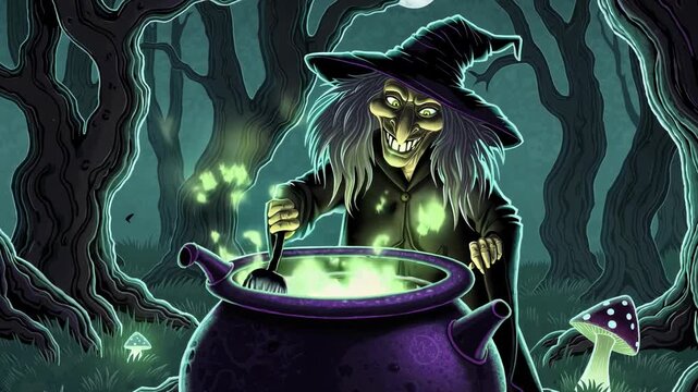 Cartoon-style Halloween video featuring a mysterious witch brewing a glowing magical potion in a bubbling cauldron deep in a dark enchanted forest.