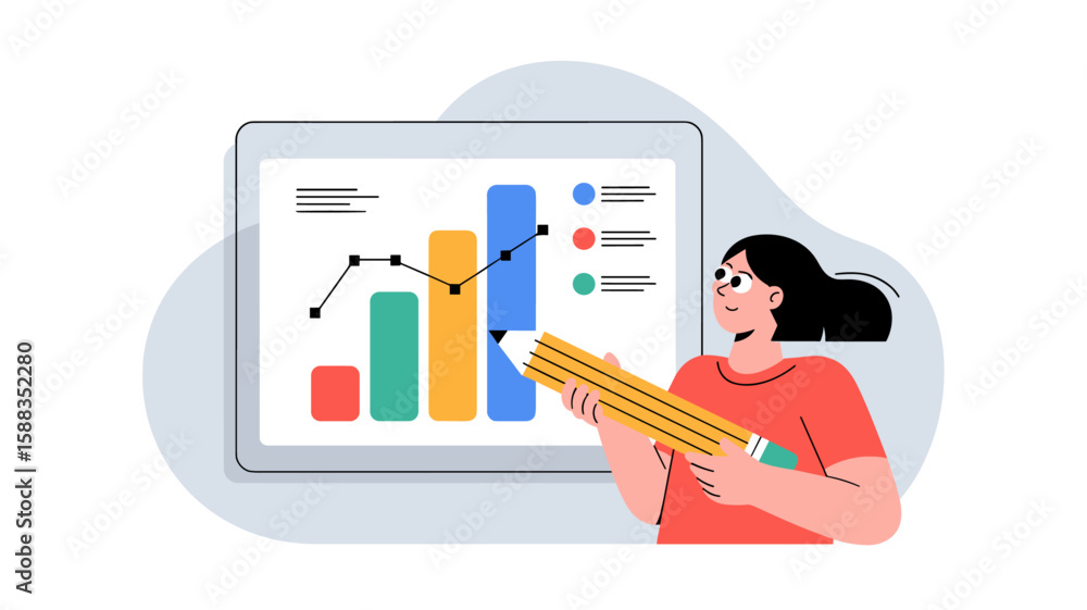 Poster student with pencil analyzing charts on digital screen, vector illustration for data analysis in edu