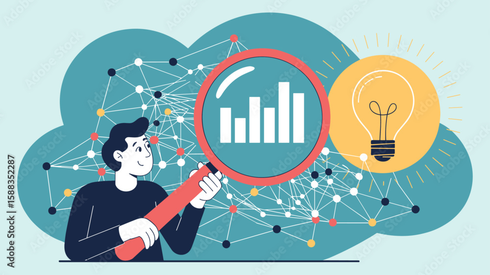 Poster data analyst with magnifying glass discovering insights from network, vector illustration for data a