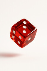 Glossy red dice suspended midair with soft shadow, showing numbers