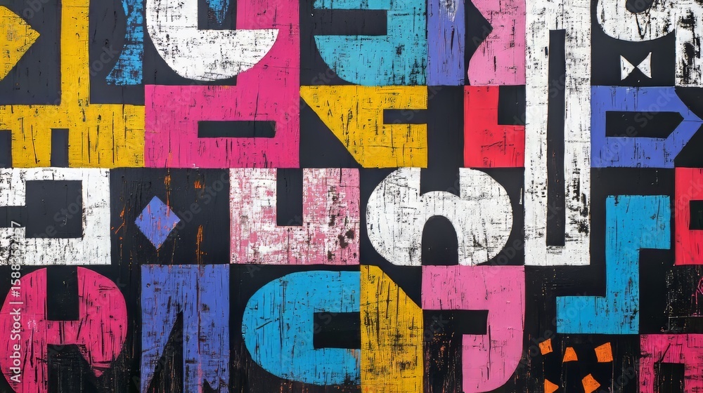 Poster dynamic composition of abstract shapes and bold colors on dark backdrop