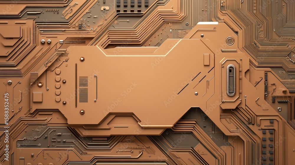 Poster intricate golden circuit board design, showcasing technology's complexity and interconnectedness