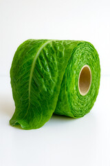 Creative concept of a toilet paper roll crafted from fresh green lettuce leaves, eco-friendly humor