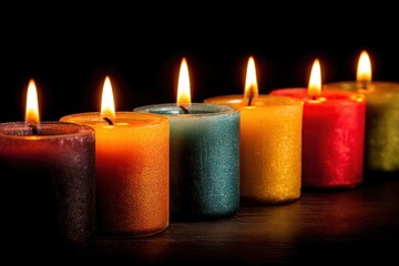 Colorful candles in a row, warm glow