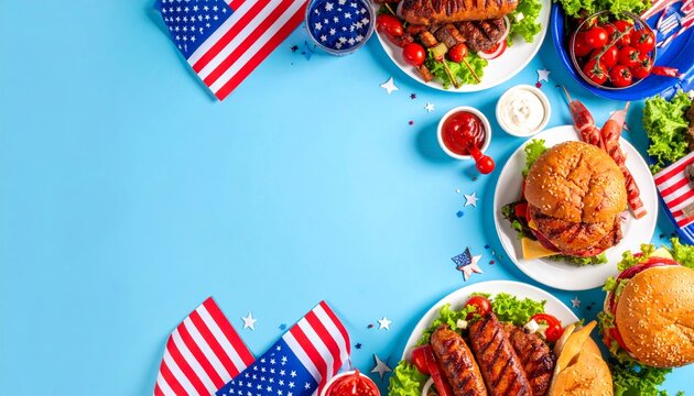 Vibrant Fourth of July barbecue flat lay with ample text space for promotions