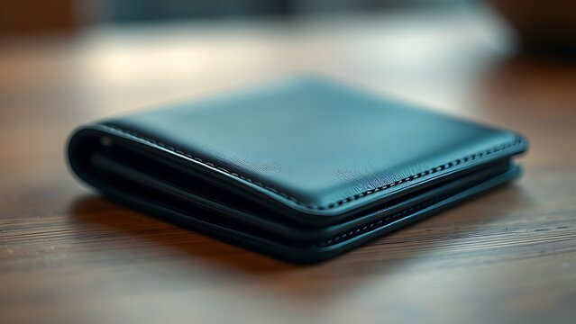 A sleek wallet lies on a wooden surface, highlighted by warm ambient lighting in a minimalist setting.