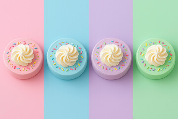 Mini pastel cakes topped with whipped cream swirls and rainbow sprinkles on colorful backgrounds
