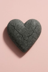 Dark cracked heart-shaped stone symbolizing emotional pain or heartbreak on pastel pink surface