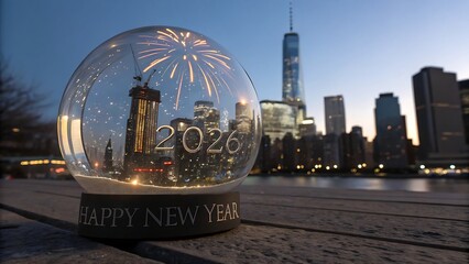 Celebrate the upcoming year 2026 with a New York City snow globe, showcasing fireworks and iconic architecture, perfect for New Year celebrations and festive holiday themes in urban landscapes.