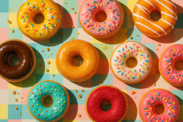 Top view of colorful glazed donuts with sprinkles arranged on a pastel checkered surface