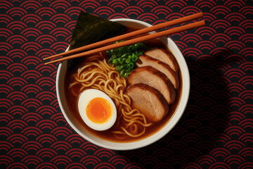 Traditional ramen bowl with pork slices, soft egg, noodles, green onion and chopsticks on patterned background
