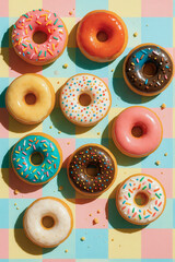 Top view of bright assorted donuts with icing, sprinkles and glaze on pastel checkered background