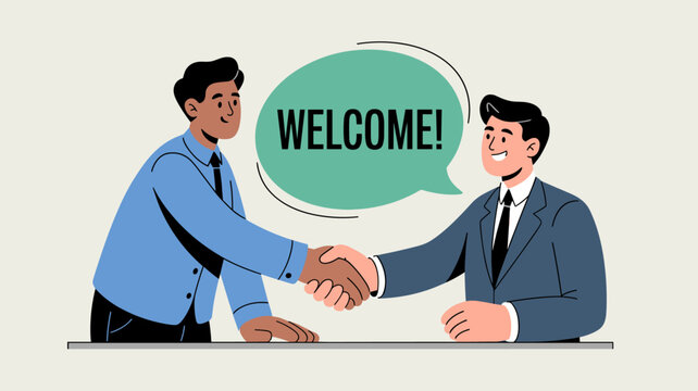 two businessmen shaking hands with a welcome message vector illustration, business agreement, corporate partnership and a warm welcome