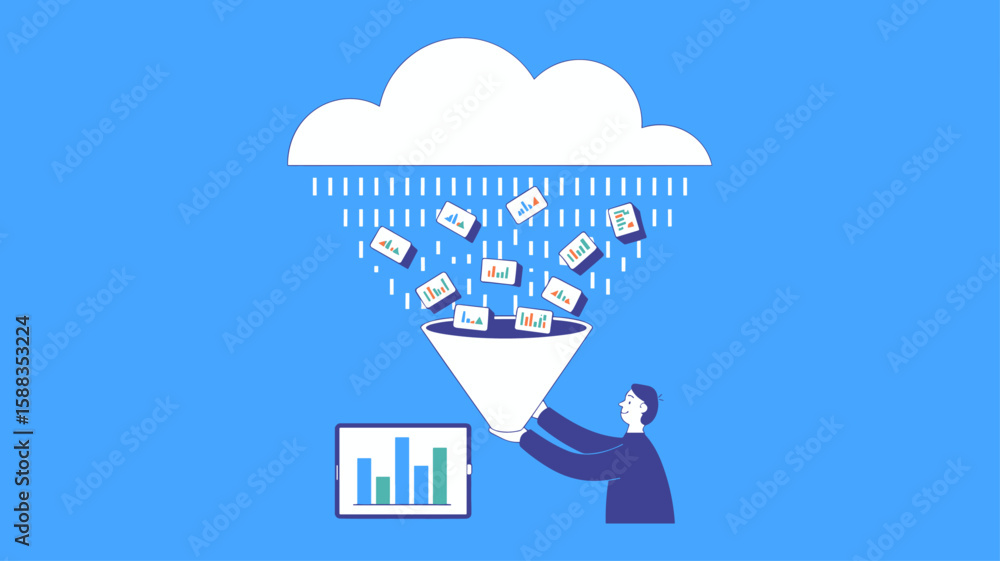 Poster data analyst filtering cloud information through a funnel, vector illustration for big data analytic