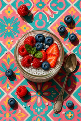 Chia pudding topped with blueberries, raspberries, strawberries, mint, and coconut on a colorful tile surface