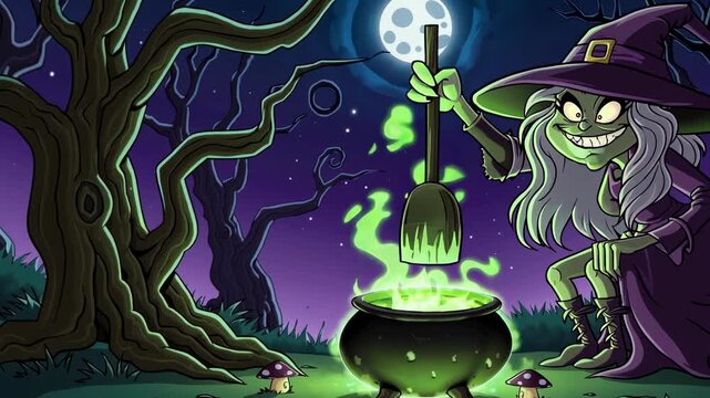 Cartoon-style Halloween video featuring a mysterious witch brewing a glowing magical potion in a bubbling cauldron deep in a dark enchanted forest.