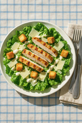 Fresh Caesar salad with grilled chicken breast, crunchy croutons, parmesan and creamy dressing