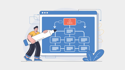 ux designer with large marker drawing organizational chart on screen vector illustration, creating sitemaps, information architecture and user flow planning