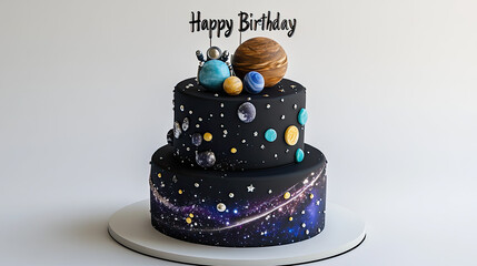 Two tiered birthday cake decorated with planets and happy birthday topper on a white background