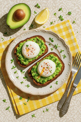 Toasted bread with mashed avocado, poached eggs, and herbs on plate with lemon and cutlery