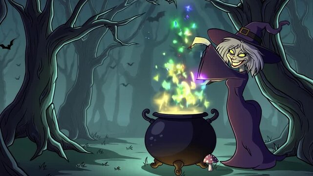 Cartoon-style Halloween video featuring a mysterious witch brewing a glowing magical potion in a bubbling cauldron deep in a dark enchanted forest.