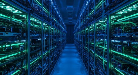 Vast data center aisle with glowing server racks, a powerful visualization of big data, blockchain technology, and modern cyber infrastructure