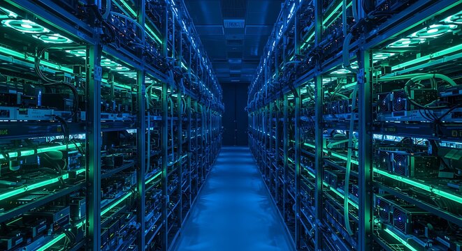 Vast data center aisle with glowing server racks, a powerful visualization of big data, blockchain technology, and modern cyber infrastructure
