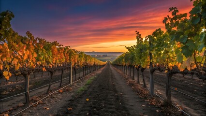 Naklejka premium Serene autumn vineyard at sunset; picturesque rows of grapevines bathed in warm, golden light.