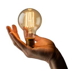 Human hand holding a glowing vintage edison light bulb isolated on transparent background