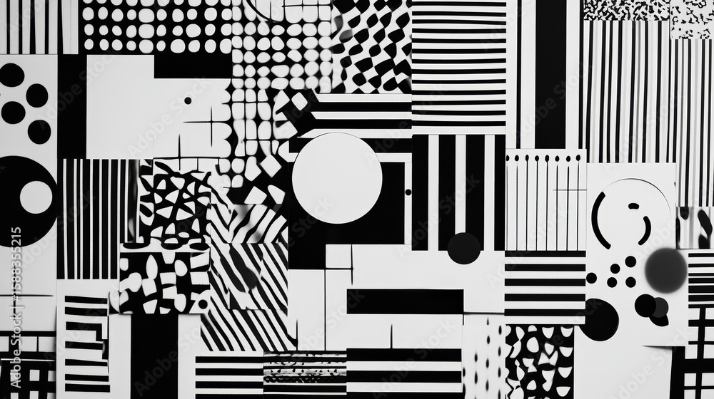 Poster abstract monochromatic composition featuring geometric shapes and patterns