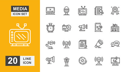 Media icon set. Multimedia, television, video, sound, cinema, signal, internet, microphone and more line icon. Vector illustration.