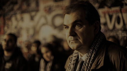 Obraz premium Close up portrait of serious man with contemplative expression, set against backdrop of graffiti art. atmosphere conveys sense of urgency and political engagement