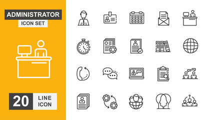 Administrator icon set. Employee, authority, interview, process, communication, internet and more line icon. Vector illustration.