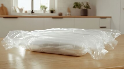 Brand new mattress in protective plastic packaging awaiting unpacking in a bright minimalist kitchen, ready for setup to provide comfort and support for restful sleep