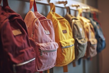 Colorful backpacks hanging on a wall
