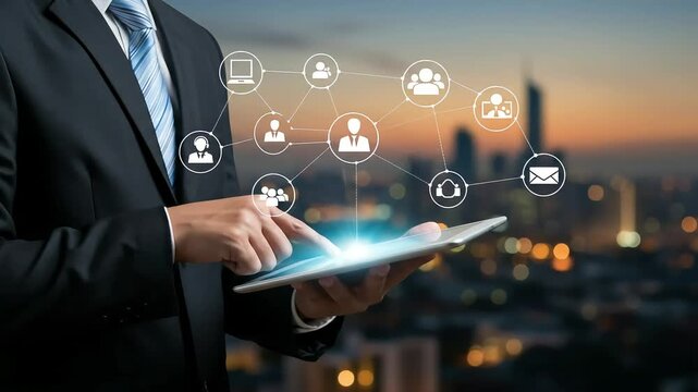 Businessman interacts with a digital network on a tablet against a blurred cityscape backdrop. - Powered by Adobe