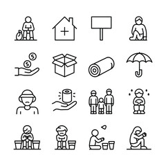 Collection of sixteen monochrome line art icons depicting homelessness poverty charity and aid including figures sitting alone families needing help hands offering money and