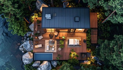Luxurious Cabin Retreat in Nature's Embrace, Aerial View of Serenity
