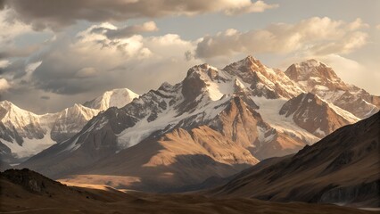 Fototapeta premium Majestic snow-capped mountain range at sunset, dramatic lighting, serene landscape, golden hour, panoramic view.